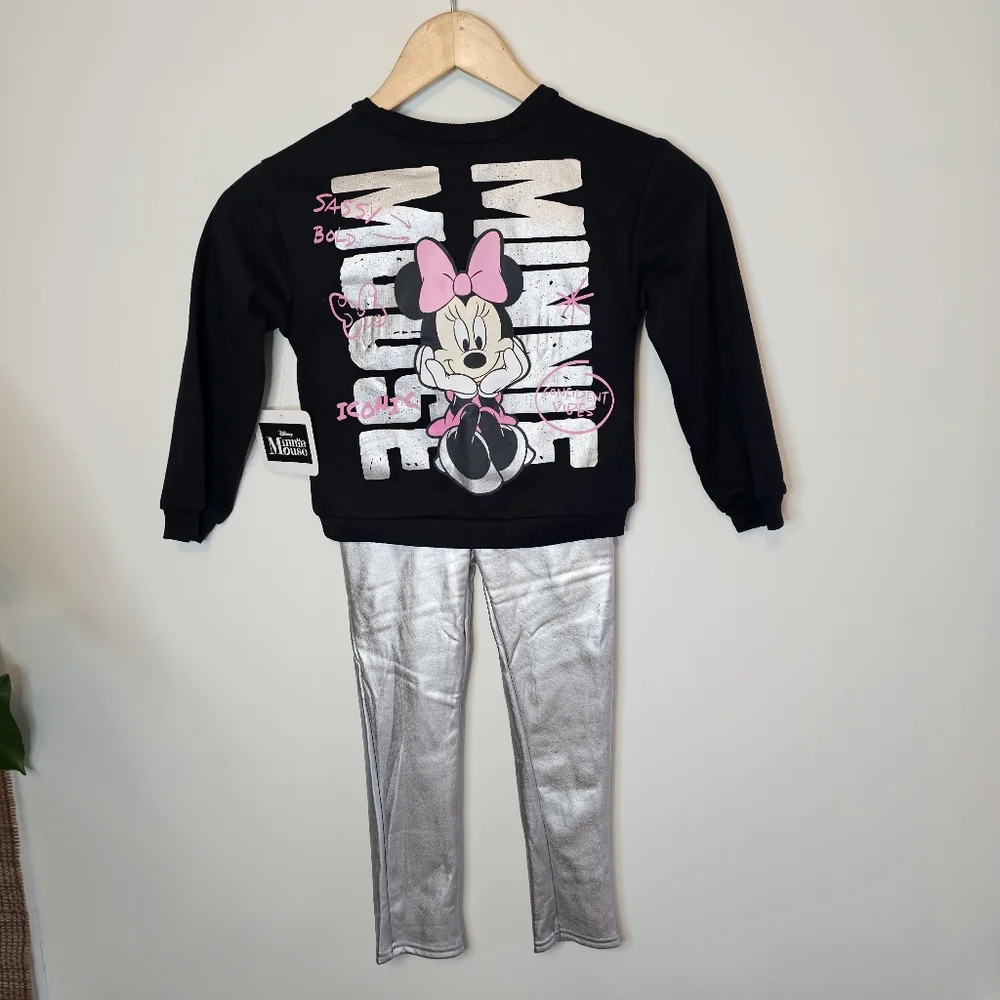 NWT Disney Minnie Mouse Outfit Set Black Sweatshirt Silver Metallic Leggings 5